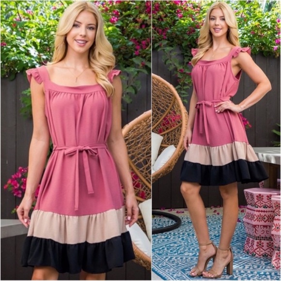 New Soft woven Colorblock flutter sleeveless tie waist spring summer dress - Picture 1 of 3